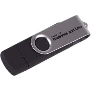 A black and silver double-end flash drive with a clip and a logo.
