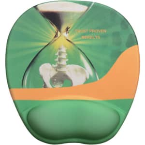 A green and orange gel mouse pad featuring an hourglass design with a spinal illustration, and a logo.