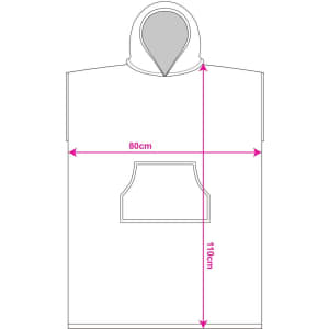 A hooded poncho towel in a minimalist design, featuring a front pocket, dimensions marked in pink for size reference.