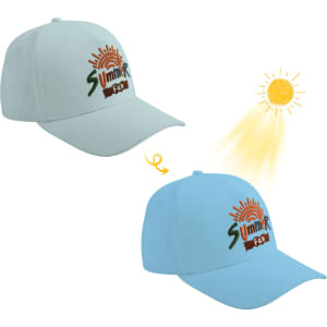 A light blue baseball cap that changes colour with sun exposure, featuring a logo on the front.