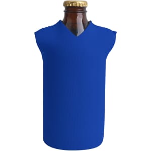 A drink bottle with a blue cooler designed to fit securely around it, featuring a v-shaped neck and a logo.