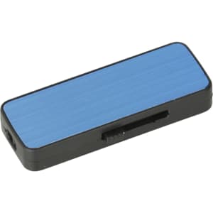 A blue and black sliding flash drive with a sleek design and branding on the side.