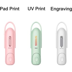 A pink, a green, and a white USB handheld mini fan with flashlight features and logos.