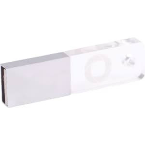 A rectangular crystal flash drive with a metallic end, featuring a logo on the transparent section.