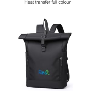 A black roll top laptop backpack with adjustable straps and a front zip pocket featuring a logo.