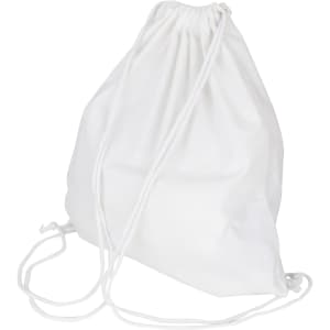 A white cotton drawstring bag with two matching strings for closure. It has a simple, minimalist design.