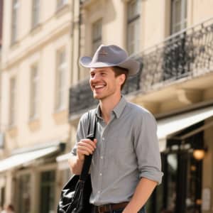 A smiling man wearing a grey felt cowboy hat, carrying a black bag, stands in a sunlit street.