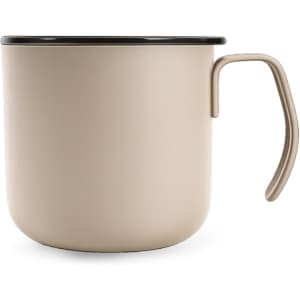 A stainless steel insulated mug in a beige colour with a black rim and handle. It features a logo.