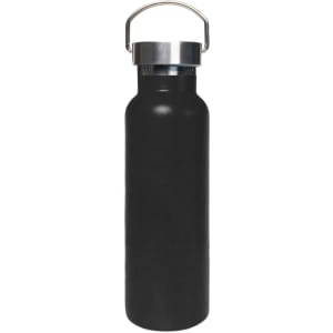 A drink bottle in black, featuring a stainless steel lid and a double wall vacuum design for insulation.