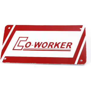 A rectangular licence plate in white and red featuring the word "CO-WORKER." It includes holes for mounting.