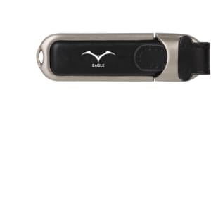 A black and silver flash drive with a logo on its surface and a retractable design.