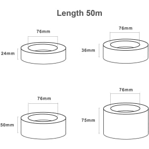 A diagram depicting self-adhesive reinforced kraft paper tape with measurements, showcasing various roll sizes.