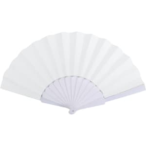 A white paper hand-held fan with a ribbed design and a circular grip at the base. It features a logo.