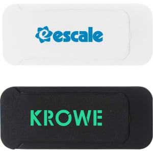 A white and black tablet webcam cover with logos in blue and green on each side.