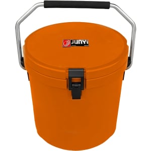 An orange 12L ice bucket with a sturdy handle and a lid, featuring a logo on the front.