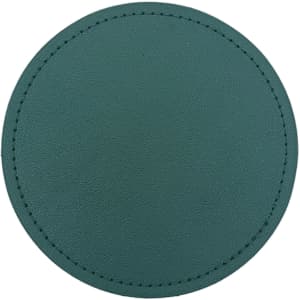A green PU coaster with a smooth texture and stitched border. It has a circular shape and features a logo.
