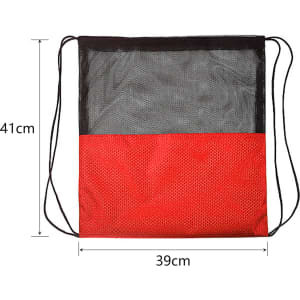 A red and black drawstring mesh backpack with dimensions of 41cm by 39cm and a visible logo.
