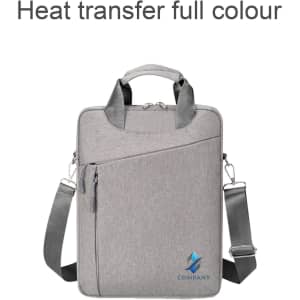 A grey laptop bag with a shoulder strap and a front zip pocket, featuring a logo on the front.