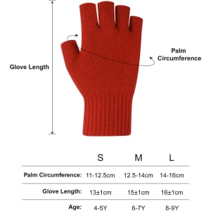 A pair of red knitted fingerless gloves with a woven label, featured in a size guide for children.