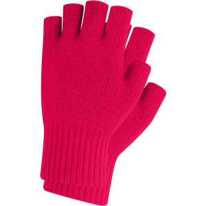 Bright pink fingerless gloves with a ribbed cuff and a woven label.
