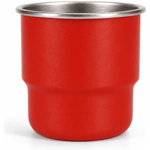 A red stainless steel camping mug with a round bottom and a silver inner rim. It features a logo.