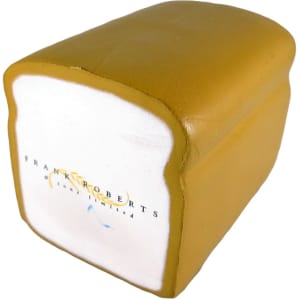 A brown and white toast-shaped stress reliever with a logo on one side, featuring a soft, squishy texture.