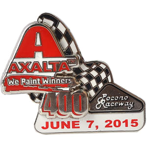 A hard enamel lapel pin featuring a racing theme with red, black, and silver colours, and a checkered flag design.