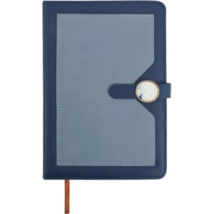 A navy blue pocket notebook with a magnetic buckle closure and a decorative circular element on the front.