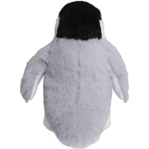 A plush penguin toy in grey and white with a black head, featuring a soft texture and rounded shape.