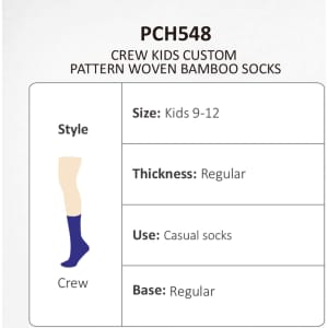 A pair of crew socks featuring a custom pattern, woven from bamboo in a rich blue colour.