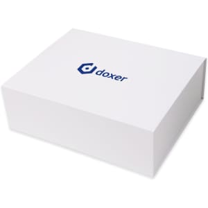 A large white foldable magnetic box featuring a logo on the lid. The box is elegantly designed for packaging.