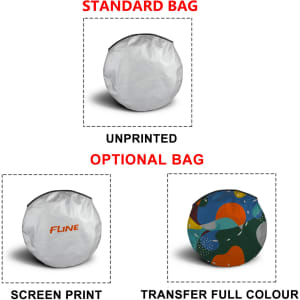 A circular car sunshade in various bag options, featuring a standard unprinted bag and two printed design options.