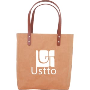 A washable kraft paper bag in tan with a brown PU handle and a logo.