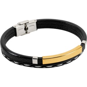 A personalised leather bracelet featuring a black band with a gold metal plate and silver accents.