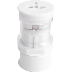 A white universal plug travel adapter with multiple input options and a clear top section. It features a logo.