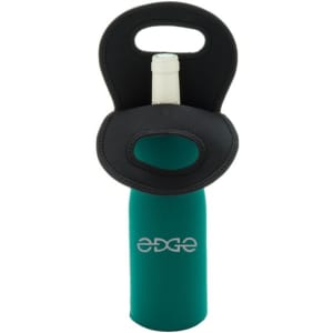 A drink bottle cooler in teal with a black neoprene handle, designed to hold a single bottle of wine.