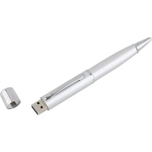 A silver metal pen flash drive with a removable cap, featuring a clip for easy attachment.