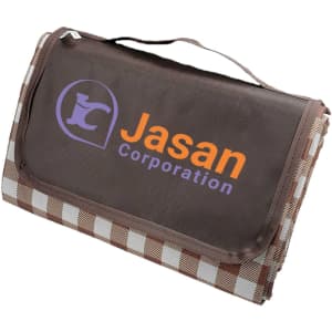 A large brown picnic blanket with a plaid pattern and a branding logo on the front. It features a carrying handle.