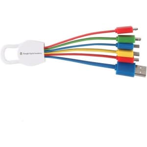 A 6-in-1 charging cable with multiple connectors in red, blue, green, yellow, and orange, featuring a logo on the side.