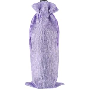 A purple drawstring bag designed for holding a wine bottle, featuring a textured fabric and a tied closure.