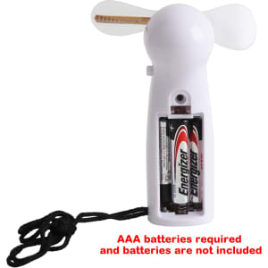 A white LED message fan with two blades and a cord, featuring a battery compartment at the back.