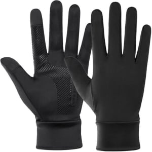 Full finger gloves in black with a textured grip on the palm and a smooth finish. Features a logo on one side.