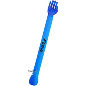 A blue back scratcher and shoehorn, featuring a hand-shaped end and a loop for easy storage.