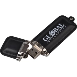 A black USB flash drive with a silver metallic cap and a branding logo.