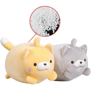 Plush cat-shaped travel pillows in yellow and grey, featuring a cute design and soft material. Has a logo.
