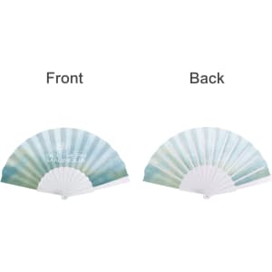 A fabric hand-held fan with a gradient design in shades of blue and white, featuring a logo on one side.
