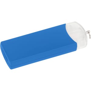 A blue USB flash drive with a transparent cap, featuring a small metal connector. It has a simple design and a logo.