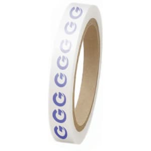 A roll of white BOPP packaging tape with blue logo design on a cardboard core.