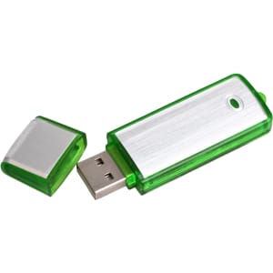 A green USB flash drive with a silver metallic cap and a small hole for attachment.