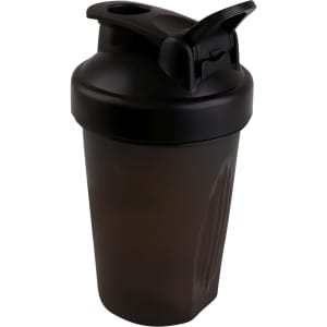 A drink bottle in a dark grey-black colour, featuring a flip-top lid and a logo. Capacity of 400ml.